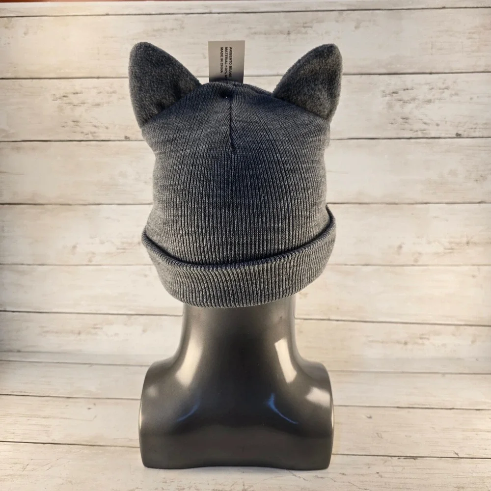 NWT Akibento Anime Cat Ear Beanie Gray Embroidered Blue Eyes Ribbed Knit Hat NWT